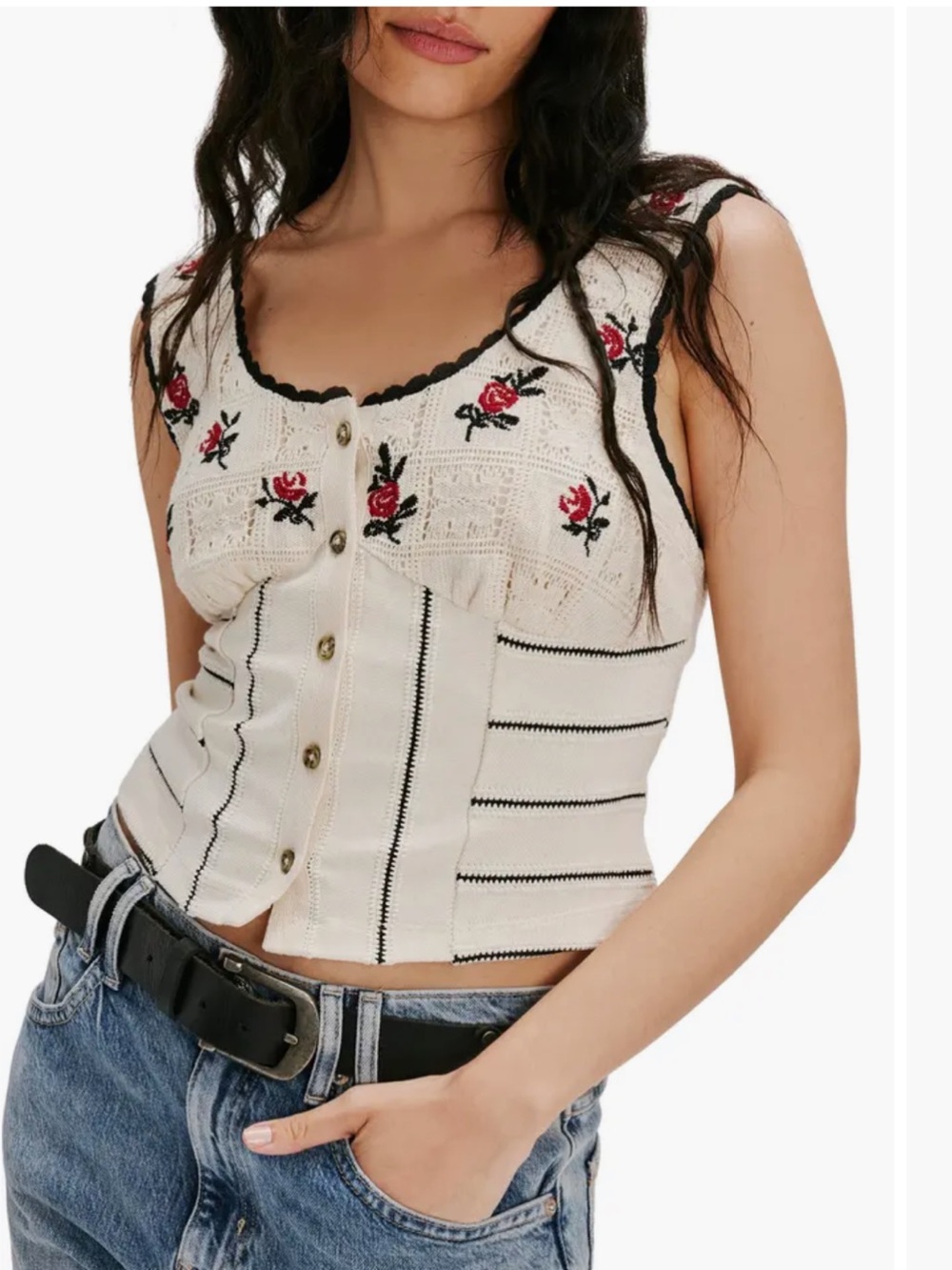 Free People Cream Knit Button-Front Camisole with Red Rose Embroidery